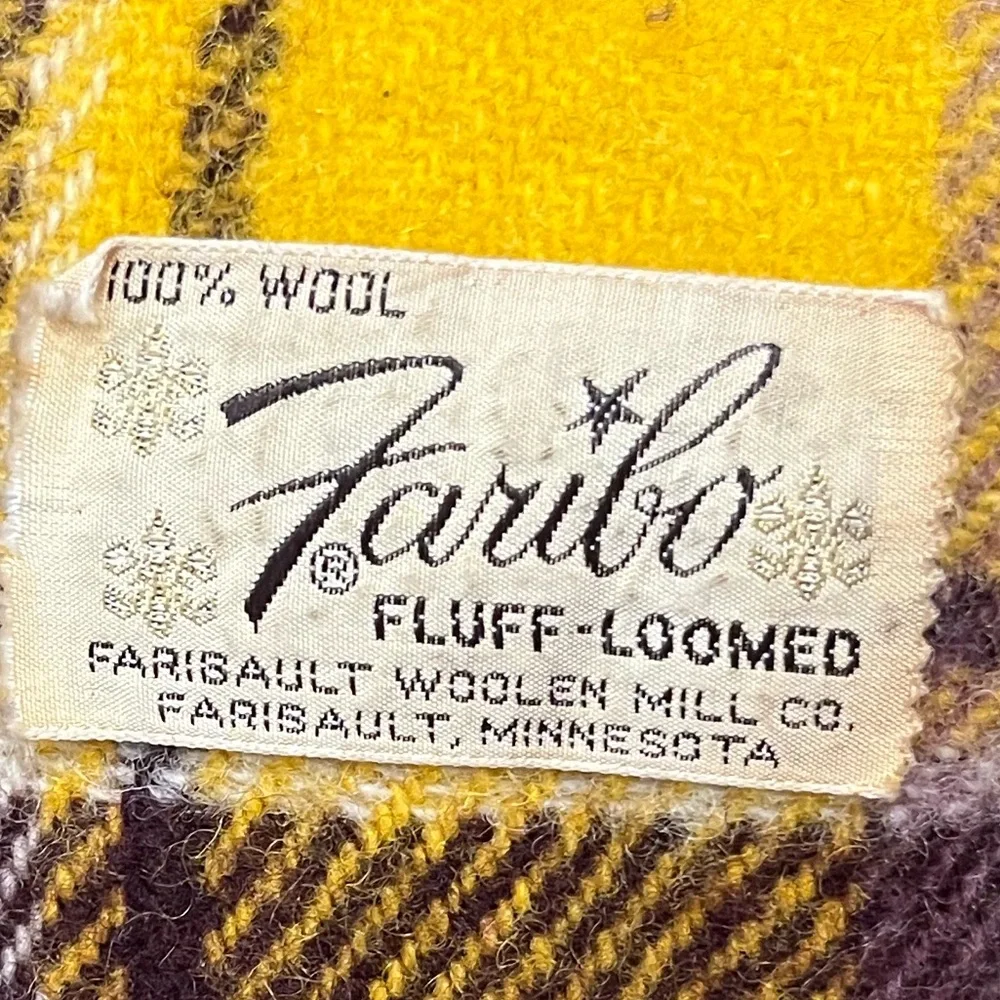 Farisbault Woolen Mill Co.‎ Vintage Yellow & Brown Plaid Wool Fringe Blanket
